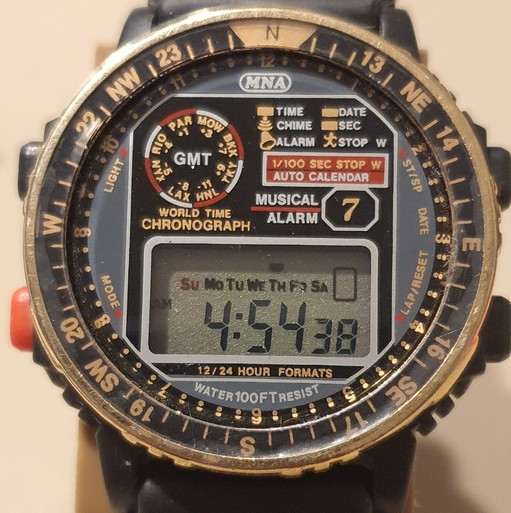 Vtg 80's MNA Goldtone/Black Digital Alarm Chrono Men's Watch *Send Offers*